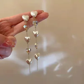 Nové In Crystal Pearl Láska Dlhý Strapec Náušnice S Výklenkom Dizajn Zmysel špičkové A Jedinečné Šperky Pre Ženy