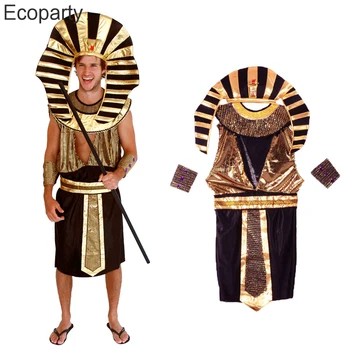 Pánske Egyptský Faraón Kráľ Cosplay Kostým pre Dospelých Egypt Župan Pás Headdress Nastaviť Halloween Purim Karneval Party Oblečenie