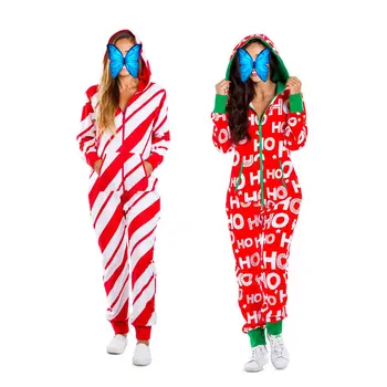 Ženy Ružový Prúžok List Tlač S Kapucňou Onesies Vianoce Domov Pyžamo Jeden Kus Dospelých Romper Odev Jumpsuit Sleepwear