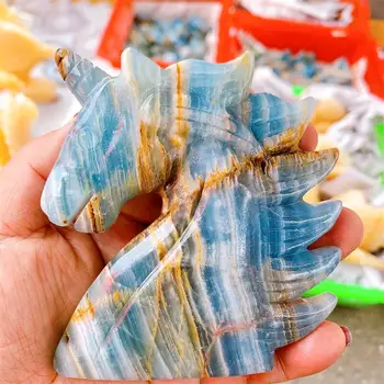 10 cm Prírodný Modrý Onyx Jednorožec Figúrka Ručne Vyrobené Rezbárstvo Crystal Polished Quartz Liečivý Kameň Domov DIY Dekorácie 1pcs
