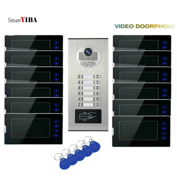 12 Jednotiek Video Interkom Dvere, Telefón, Zvonček Systém Dotykového Tlačidla Monitora RFID Odomknúť Fotoaparát Budovy Intercom Systém