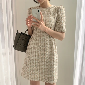 2021 Ženy Jeseň Béžová Mini Tweed Šaty Elegantné Vintage Štíhly Pás Krátkych Pulóvrov, Outwear Bunda