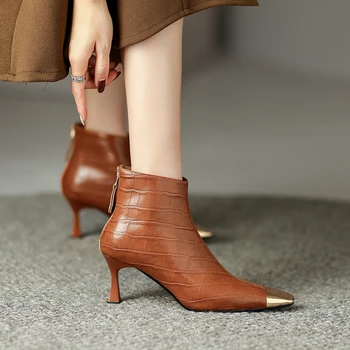 2023 nové Jeseň zima Ženy členková obuv prírodná koža 22-25 cm Bamboo uzol vzor cowhide+bravčovej moderné topánky krátke topánky