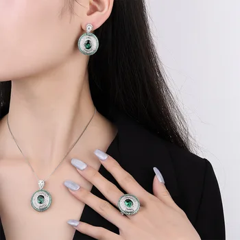 2023 nový 3-kus medi pozlátené Európskych a Amerických imitácie farebné poklad Emerald trblietavé diamond nastaviť žien prívesok nastaviť