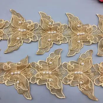 20x Zlato 3D Kvet Čipkou Trim Korálkové Motýľ Vyšívané Pearl Čipky Nášivka Textílie Šitie Plavidlá Svadobné Šaty Čipky pre DIY