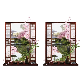 2X 3D Okne Sakura Peach Blossom Flower Art Stenu, Nálepky Vymeniteľné Odtlačkový nástenná maľba