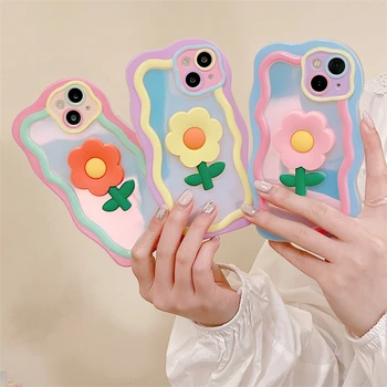 3D Kvety Lásky Smajlík faceClear Telefón puzdro Pre iPhone 14 Pro Prípade iPhone 11 12 13 14 Pro Max Candy Vlna Rám Soft Zadný Kryt