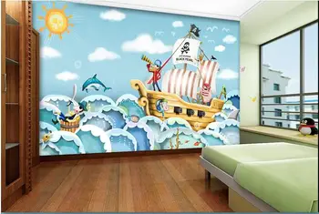 3d tapety vlastné nástenné non-tkané wal nálepky Hd ruka-natiahnutý cartoon pirátskej lodi maľovanie na ozdobu TV nastavenie 3d stenu papier