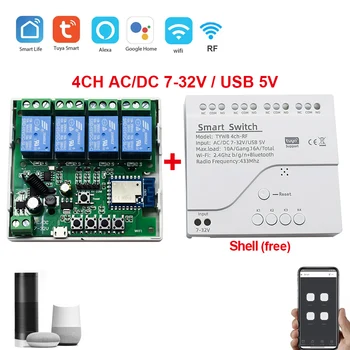 4ch Switch Modul Bezdrôtového Diaľkového Ovládania Tuya WiFi, AC/DC7-32V AC 85-250V 24V 220 Prijímač 16A 10A Relé Pre Alexa Smart