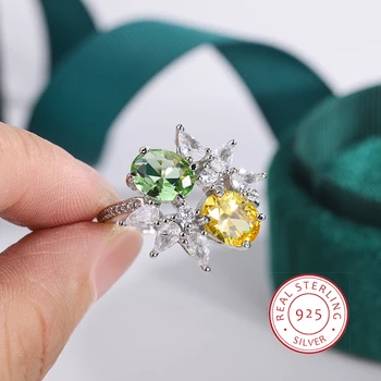 925 Sterling Silver Non-lesk Vysoko Kvalitný Zelený, Žltý oxid zirkoničitý Dámy Krúžok Luxusné Strany Šperky Svadobný Darček k Narodeninám