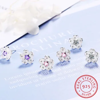 925 Sterling Silver Pink/Purple/Biele Zirkóny Čerešňové Kvety Kvetinové Stud Náušnice Pre Ženy, Jemné Šperky pendientes