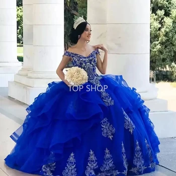ANGELSBRIDEP Kráľovská Modrá Quinceanera Šaty 15 Strán Nášivka Mimo Ramenný Tylu Zvláštne Príležitosti Princess Narodeniny Šaty NOVÉ