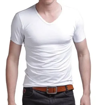 B581 Letné Hot Predaja T - Shirt Nových Mužov V Krku Topy Tee Tričko Slim Fit Krátky Rukáv Pevné Farba Bežné T-Shirt