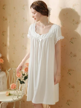 Bavlna francúzsky Nightgown pre Ženy Lete Krátky Rukáv Sladké Dievčatá Sleepwear Voľné Vintage Princezná Pyžamo Viktoriánskej Nightdress