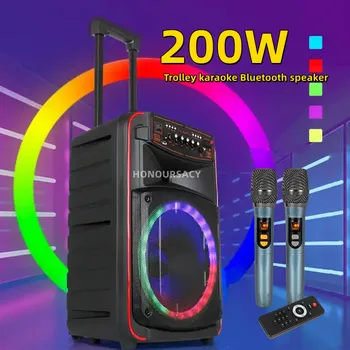 Bezdrôtové Party, Karaoke Subwoofer, Prenosné Dreva Trolleybox 200W Výkon Super Napájanie Vonkajšie Bluetooth Reproduktor s Mikrofónom box