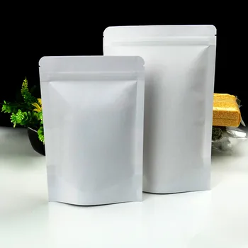 Biela 50Pcs/Veľa 9*14 cm Postaviť Kraft Papier Doypack Tepelné Tesnenie Poly Zips Pack Taška Food Občerstvenie Uzatvárateľnom Strany Ventil Taška