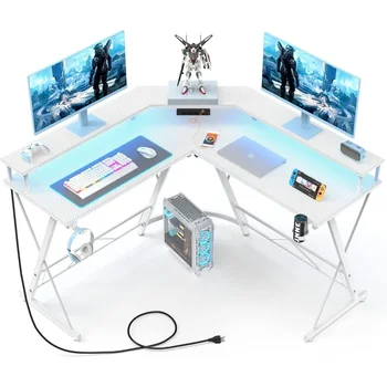 Biela Herný Stôl s LED Svetlá ＆elektrickej Zásuvky, L ShapedComputer Rohový písací Stôl s Uhlíkových Vlákien Herné Stoly s