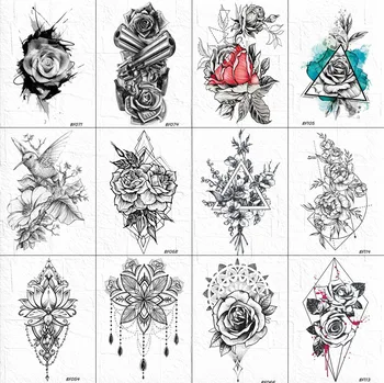 Black Falošné Ruže Kvet Tetovanie Nálepky Ženského Tela Ruku Umenie Henna Geometrické Tetovanie, Dočasné Vtákov Sexy Geometrie Tatoos Nepremokavé