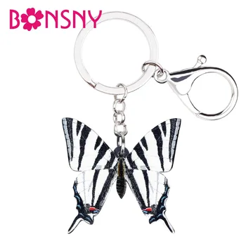 Bonsny Akryl Módne Black a White Butterfly prívesok na Keychain Krúžok Hmyzu Šperky Pre Ženy, Dievča Taška Auto Kabelku Charms Darček