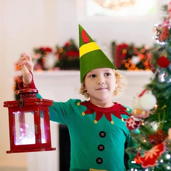 Christmas Elf Klobúk s Pierko, Červená a Zelená Kužeľ Klobúk na Vianoce Strany Zdobiť Cosplay Dodávky