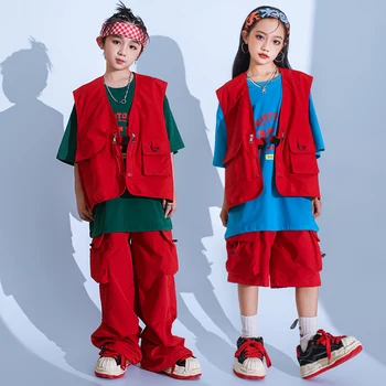 Deti Street Dance Oblečenie Červená Vesta Nadrozmerná Tričko Topy Cargo Hip Hop Nohavice Šortky pre Dievča, Chlapca, Jazz Dance Kostýmy Oblečenie