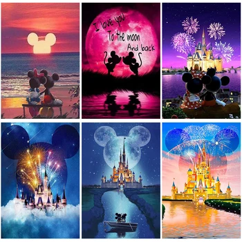 Disney DIY 5D Diamond Výšivky Cartoon Minnie Mickey Mouse Hrad Mesiac Plný Vrták Kolo Mozaiky Vyšívanie, Domáce Dekorácie