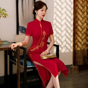 Elegantné Letné Červená Cheongsam Svadobné Hostiny, Elegantná Móda Qipao Čínskej Tradičnej Štýl Večer Svadobné Šaty pre Ženy