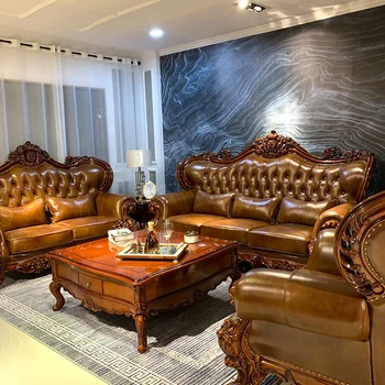 Európskom štýle kožená sedačka 1234 kombinovaná obývacia izba, kompletný veľké vily, luxusné prvom poschodí cowhide all-masívneho dreva gauč