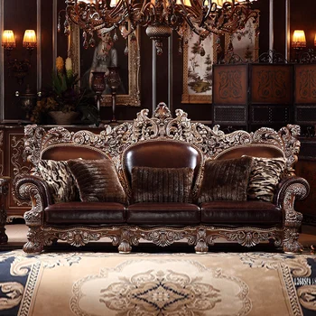 Európsky high-end masívneho dreva pohovka kombinácia 123 ľudí villa hotel kožená sedačka luxusný nábytok