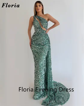 Floria Jedného Pleca Formálne Večerné Šaty Na Zákazku Flitrami Textílie Zelená Dlho Celebrity Prom Šaty Arabské Ženy Party Šaty