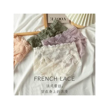 Francúzsky čipky tenké nohavičky ženy cítia semi-transparentné mid-pás čistej bavlny rozkroku pohodlné, priedušné dievčenskú žakárové