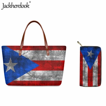 Jackherelook Puerto Rico Vlajka Dámske Kabelky Veľkú Kapacitu Voľný čas Nákupní Taška cez Rameno PU Dlho Peňaženky 2ks/Set Pláži Tote Bag