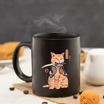 Japonský ninja mačka, čierny keramický hrnček 11oz Chlapec priatelia narodeniny darček hrnček veľké čierne office kávový hrnček