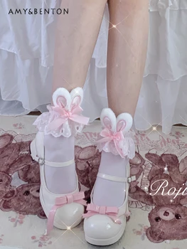 Japonský Nové Letné Sladké Roztomilý Lolita Králik Ucho Luk Ponožky dámske Čipky Skladaný Kawaii Prímestských Všetkých Zápas Štíhle Ženy Ponožky