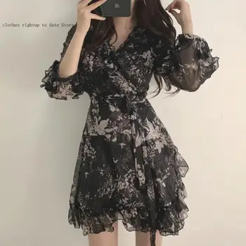 Japonský Štýl Kvetinový Tlačenej-Line Šifón Šaty Black Lete Vintage Volánikmi tvaru kórejský Šaty pre Ženy Kórea