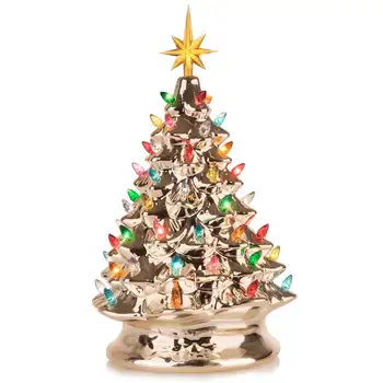 Keramické Vianočný Strom - 15-Palcový, 50+ Multicolor LED Žiarovky Ručne - Svetlo Šampanské Striebro