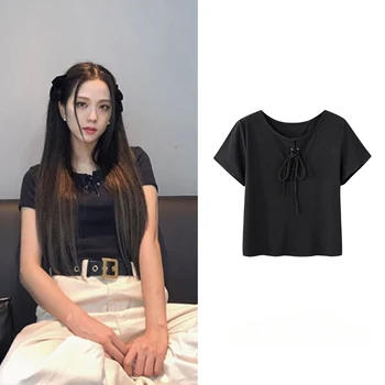 Kpop kórejský Spevák Street Oblečenie Y2k Koncert Kostým Black Slim O-krku-Krátke Sleeve T-shirts Ženy Sexy Plodín Topy Fáze Nosenie