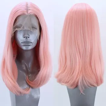 Krátke Bob Peach Pink Čipky Dopredu Syntetické Vlasy Parochňa Glueless Rovno Čipky Čelnej Parochňu Tepelne Odolných Vlákien Pre Ženy Na Každodenné Použitie