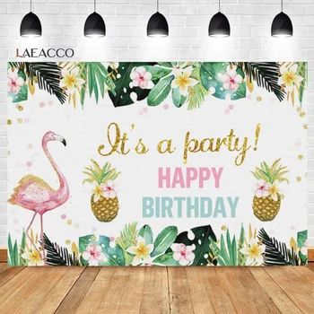 Laeacco Happy Birthday Fotografie Prostredí Tropického Zelené Listy, Kvety Flamingo Baby Sprcha Pozadia Pre Photo Studio