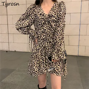 Leopard Dlhé Závoje Rukáv Šaty Žien Dizajn Pás Řasnice tvaru Vymedzený Pás Vestidos Retro Sexy Mini Šaty Elegantné Femme
