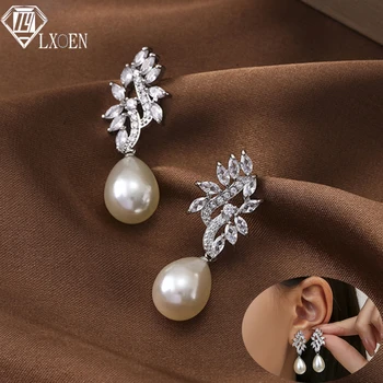LXOEN Luxusné Dlhé Pearl so Zirkónmi Visieť Náušnice Strany Svadobné Náušnice Kvapka pre Ženy, Svadobné Šperky, Zásnubné
