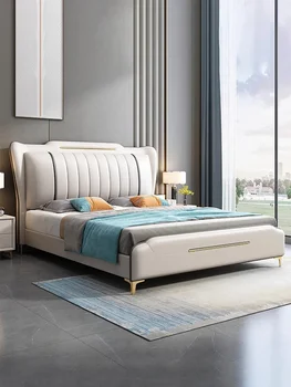 Moderné, jednoduché kožené postele skladovanie, manželskou posteľou, spálňa, veľká posteľ, svetlo luxus