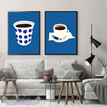 Modré Pozadie Šálku Kávy Cukor Plagát Kuchynské Nástenné Art Print Plátno Na Maľovanie Nordic Obrázky Obývacia Izba Domáce Dekorácie