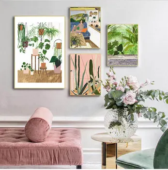 Módne Dievča Rastliny Listy ilustrácia Wall Art Plátno na Maľovanie Nordic s A Vytlačí na Stenu Obrázok Pre Obývacia Izba Dekor