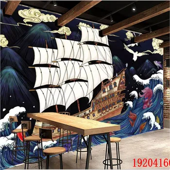 Nostalgické Ukiyo-e Plachtenie morské Plody Stravovanie Stenu Papier 3D Japonskej Kuchyne Sushi Reštaurácia Priemyselné Dekor nástennú maľbu, Tapety 3D