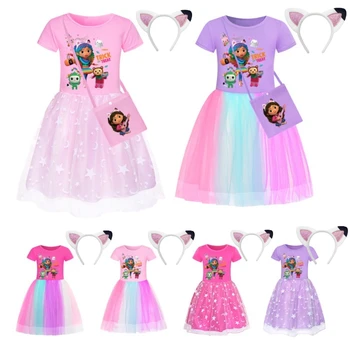 NOVÉ Kreslené Gabby Baby Girl Šaty Deti Gabby je Doll House Oblečenie Cosplay Kostým Deti Lietať Rukáv Bežné Šaty + hlavový most