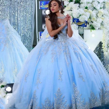 Očarujúce Modrá Plesové Šaty, Quinceanera Šaty 2023 Elegantné Ilúzie Korálkové Appliques Sweet 16 Princezná Šaty Sprievod Vestidos De 15