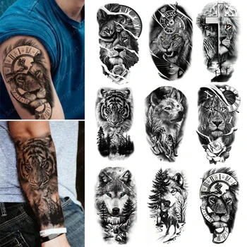 Plný Rameno Dočasné Tetovanie Nálepky Lesa Lev, Tiger Tatto Nálepky Ženy Muži Vlk Body Art Ramena, Krku Falošné Tatto Nepremokavé