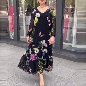 Príležitostné Šaty Ohromujúci Kvetinový Tlač Maxi Šaty s V-výstrihom Flowy A-line Siluetu Elegantné, Pohodlné Univerzálny