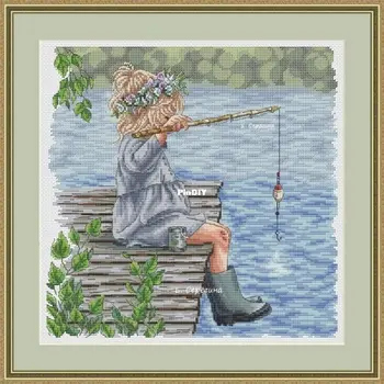 Rybárske Dievča Cross Stitch Plavidlá Súpravy, Maľba Dekorácií pre Domácu Zábavu